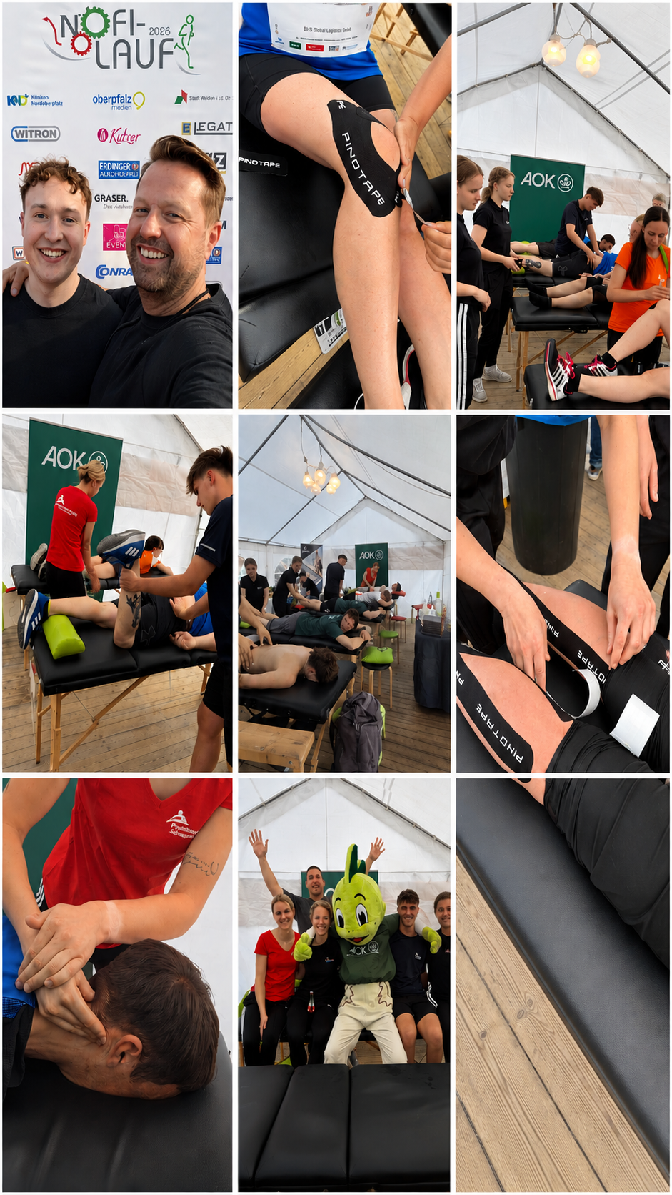 zwei Mitarbeiter lachend am Nofi-Lauf 2026. Hier sieht man, wie die Schüler der Döpfer Schule Läufer Therapieren.