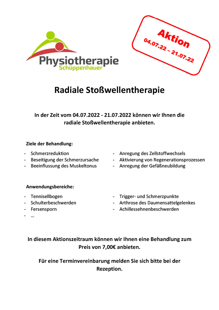 Flyer zur Stoßwellentherapie-Aktion mit Behandlungszielen